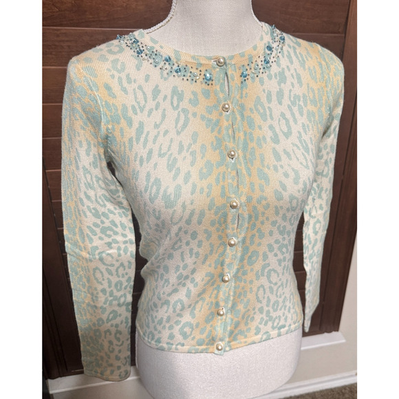 Classiques Entier Cashmere & Silk Cardigan Sz XSP cream leopard knit beaded NWOT - Picture 1 of 10
